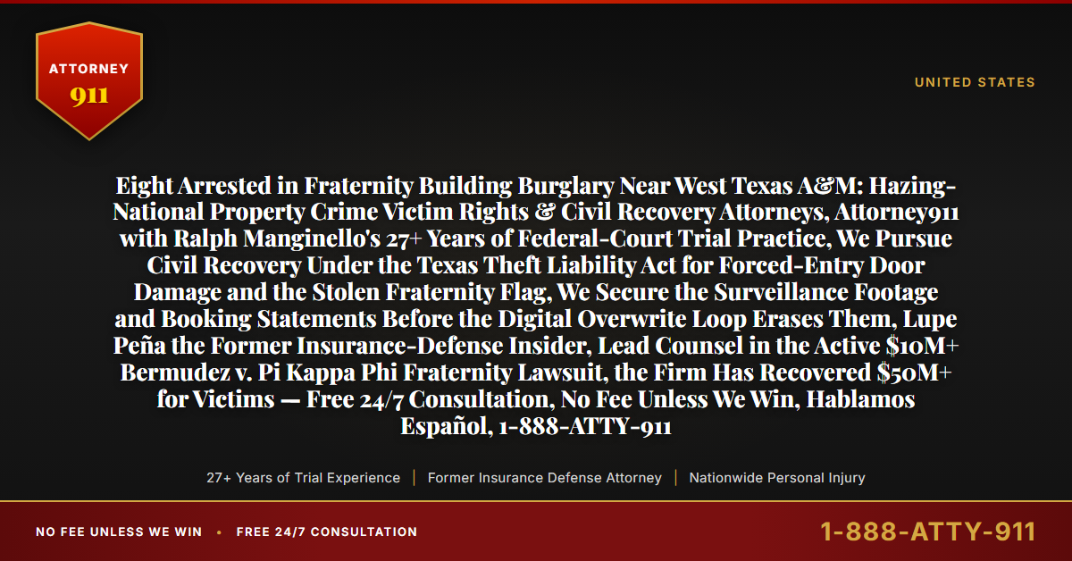 Eight Arrested in Fraternity Building Burglary Near West Texas A&M: Hazing-National Property Crime Victim Rights & Civil Recovery Attorneys, Attorney911 with Ralph Manginello's 27+ Years of Federal-Court Trial Practice, We Pursue Civil Recovery Under the Texas Theft Liability Act for Forced-Entry Door Damage and the Stolen Fraternity Flag, We Secure the Surveillance Footage and Booking Statements Before the Digital Overwrite Loop Erases Them, Lupe Peña the Former Insurance-Defense Insider, Lead Counsel in the Active $10M+ Bermudez v. Pi Kappa Phi Fraternity Lawsuit, the Firm Has Recovered $50M+ for Victims — Free 24/7 Consultation, No Fee Unless We Win, Hablamos Español, 1-888-ATTY-911 - Attorney911