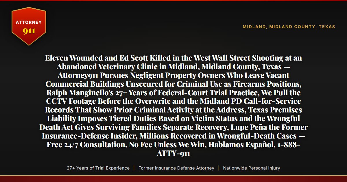 Eleven Wounded and Ed Scott Killed in the West Wall Street Shooting at an Abandoned Veterinary Clinic in Midland, Midland County, Texas — Attorney911 Pursues Negligent Property Owners Who Leave Vacant Commercial Buildings Unsecured for Criminal Use as Firearms Positions, Ralph Manginello's 27+ Years of Federal-Court Trial Practice, We Pull the CCTV Footage Before the Overwrite and the Midland PD Call-for-Service Records That Show Prior Criminal Activity at the Address, Texas Premises Liability Imposes Tiered Duties Based on Victim Status and the Wrongful Death Act Gives Surviving Families Separate Recovery, Lupe Peña the Former Insurance-Defense Insider, Millions Recovered in Wrongful-Death Cases — Free 24/7 Consultation, No Fee Unless We Win, Hablamos Español, 1-888-ATTY-911 - Attorney911