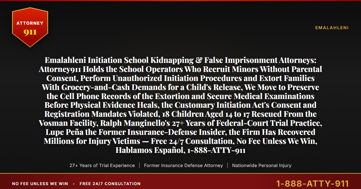 Emalahleni Initiation School Kidnapping & False Imprisonment Attorneys: Attorney911 Holds the School Operators Who Recruit Minors Without Parental Consent, Perform Unauthorized Initiation Procedures and Extort Families With Grocery-and-Cash Demands for a Child's Release, We Move to Preserve the Cell Phone Records of the Extortion and Secure Medical Examinations Before Physical Evidence Heals, the Customary Initiation Act's Consent and Registration Mandates Violated, 18 Children Aged 14 to 17 Rescued From the Vosman Facility, Ralph Manginello's 27+ Years of Federal-Court Trial Practice, Lupe Peña the Former Insurance-Defense Insider, the Firm Has Recovered Millions for Injury Victims — Free 24/7 Consultation, No Fee Unless We Win, Hablamos Español, 1-888-ATTY-911 - Attorney911