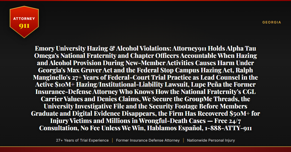 Emory University Hazing & Alcohol Violations: Attorney911 Holds Alpha Tau Omega's National Fraternity and Chapter Officers Accountable When Hazing and Alcohol Provision During New-Member Activities Causes Harm Under Georgia's Max Gruver Act and the Federal Stop Campus Hazing Act, Ralph Manginello's 27+ Years of Federal-Court Trial Practice as Lead Counsel in the Active $10M+ Hazing/Institutional-Liability Lawsuit, Lupe Peña the Former Insurance-Defense Attorney Who Knows How the National Fraternity's CGL Carrier Values and Denies Claims, We Secure the GroupMe Threads, the University Investigative File and the Security Footage Before Members Graduate and Digital Evidence Disappears, the Firm Has Recovered $50M+ for Injury Victims and Millions in Wrongful-Death Cases — Free 24/7 Consultation, No Fee Unless We Win, Hablamos Español, 1-888-ATTY-911 - Attorney911