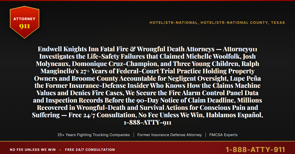 Endwell Knights Inn Fatal Fire & Wrongful Death Attorneys — Attorney911 Investigates the Life-Safety Failures that Claimed Michelle Woolfolk, Josh Molyneaux, Domonique Cruz-Champion, and Three Young Children, Ralph Manginello’s 27+ Years of Federal-Court Trial Practice Holding Property Owners and Broome County Accountable for Negligent Oversight, Lupe Peña the Former Insurance-Defense Insider Who Knows How the Claims Machine Values and Denies Fire Cases, We Secure the Fire Alarm Control Panel Data and Inspection Records Before the 90-Day Notice of Claim Deadline, Millions Recovered in Wrongful-Death and Survival Actions for Conscious Pain and Suffering — Free 24/7 Consultation, No Fee Unless We Win, Hablamos Español, 1-888-ATTY-911 - Attorney911