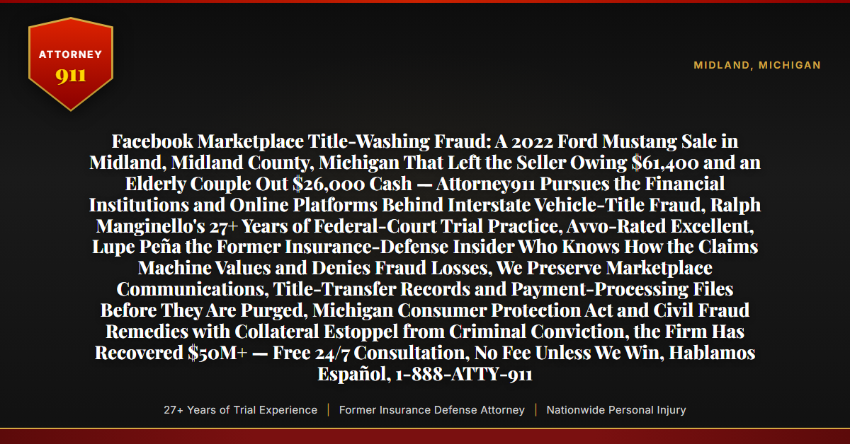 Facebook Marketplace Title-Washing Fraud: A 2022 Ford Mustang Sale in Midland, Midland County, Michigan That Left the Seller Owing $61,400 and an Elderly Couple Out $26,000 Cash — Attorney911 Pursues the Financial Institutions and Online Platforms Behind Interstate Vehicle-Title Fraud, Ralph Manginello's 27+ Years of Federal-Court Trial Practice, Avvo-Rated Excellent, Lupe Peña the Former Insurance-Defense Insider Who Knows How the Claims Machine Values and Denies Fraud Losses, We Preserve Marketplace Communications, Title-Transfer Records and Payment-Processing Files Before They Are Purged, Michigan Consumer Protection Act and Civil Fraud Remedies with Collateral Estoppel from Criminal Conviction, the Firm Has Recovered $50M+ — Free 24/7 Consultation, No Fee Unless We Win, Hablamos Español, 1-888-ATTY-911 - Attorney911