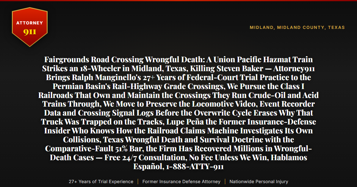 Fairgrounds Road Crossing Wrongful Death: A Union Pacific Hazmat Train Strikes an 18-Wheeler in Midland, Texas, Killing Steven Baker — Attorney911 Brings Ralph Manginello's 27+ Years of Federal-Court Trial Practice to the Permian Basin's Rail-Highway Grade Crossings, We Pursue the Class I Railroads That Own and Maintain the Crossings They Run Crude-Oil and Acid Trains Through, We Move to Preserve the Locomotive Video, Event Recorder Data and Crossing Signal Logs Before the Overwrite Cycle Erases Why That Truck Was Trapped on the Tracks, Lupe Peña the Former Insurance-Defense Insider Who Knows How the Railroad Claims Machine Investigates Its Own Collisions, Texas Wrongful Death and Survival Doctrine with the Comparative-Fault 51% Bar, the Firm Has Recovered Millions in Wrongful-Death Cases — Free 24/7 Consultation, No Fee Unless We Win, Hablamos Español, 1-888-ATTY-911 - Attorney911