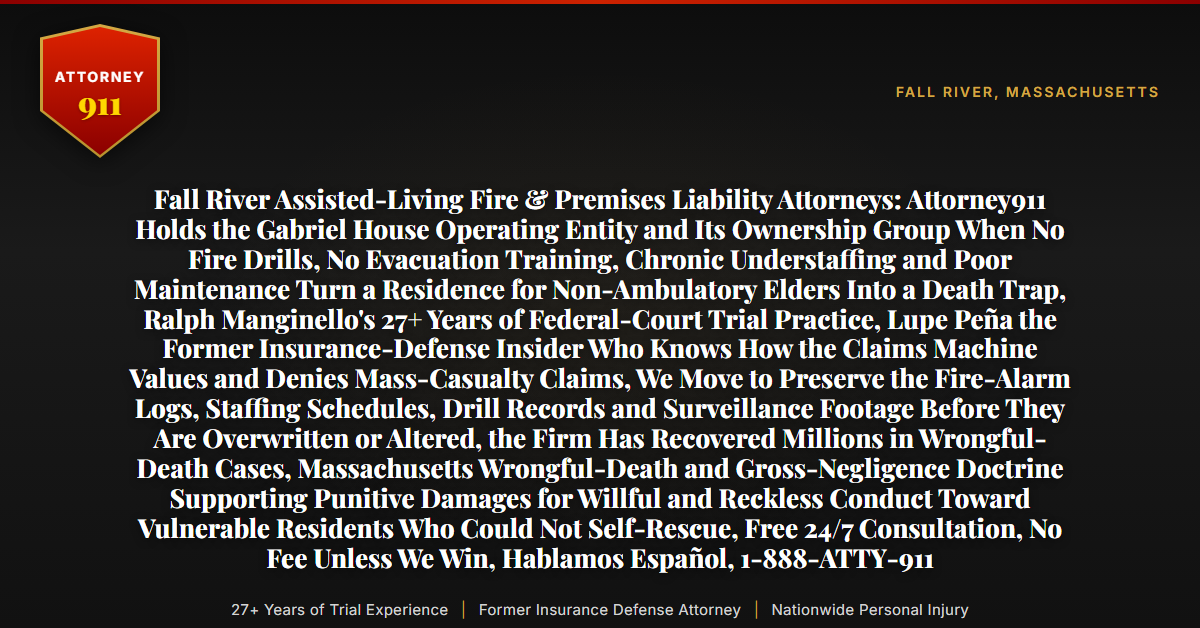 Fall River Assisted-Living Fire & Premises Liability Attorneys: Attorney911 Holds the Gabriel House Operating Entity and Its Ownership Group When No Fire Drills, No Evacuation Training, Chronic Understaffing and Poor Maintenance Turn a Residence for Non-Ambulatory Elders Into a Death Trap, Ralph Manginello's 27+ Years of Federal-Court Trial Practice, Lupe Peña the Former Insurance-Defense Insider Who Knows How the Claims Machine Values and Denies Mass-Casualty Claims, We Move to Preserve the Fire-Alarm Logs, Staffing Schedules, Drill Records and Surveillance Footage Before They Are Overwritten or Altered, the Firm Has Recovered Millions in Wrongful-Death Cases, Massachusetts Wrongful-Death and Gross-Negligence Doctrine Supporting Punitive Damages for Willful and Reckless Conduct Toward Vulnerable Residents Who Could Not Self-Rescue, Free 24/7 Consultation, No Fee Unless We Win, Hablamos Español, 1-888-ATTY-911 - Attorney911