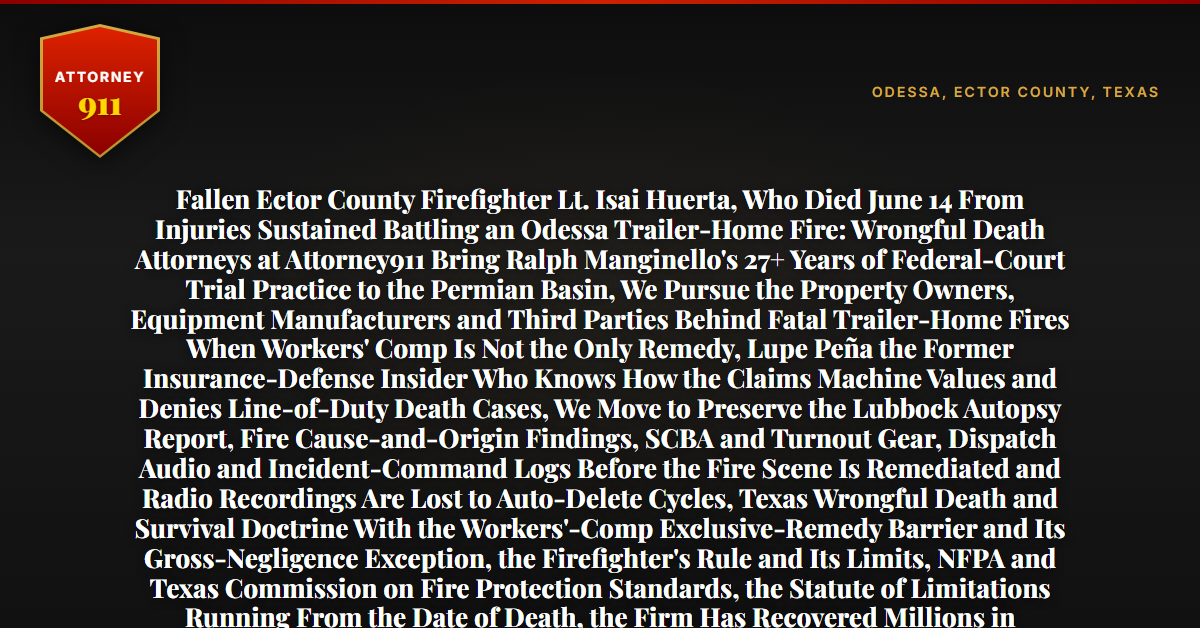 Fallen Ector County Firefighter Lt. Isai Huerta, Who Died June 14 From Injuries Sustained Battling an Odessa Trailer-Home Fire: Wrongful Death Attorneys at Attorney911 Bring Ralph Manginello's 27+ Years of Federal-Court Trial Practice to the Permian Basin, We Pursue the Property Owners, Equipment Manufacturers and Third Parties Behind Fatal Trailer-Home Fires When Workers' Comp Is Not the Only Remedy, Lupe Peña the Former Insurance-Defense Insider Who Knows How the Claims Machine Values and Denies Line-of-Duty Death Cases, We Move to Preserve the Lubbock Autopsy Report, Fire Cause-and-Origin Findings, SCBA and Turnout Gear, Dispatch Audio and Incident-Command Logs Before the Fire Scene Is Remediated and Radio Recordings Are Lost to Auto-Delete Cycles, Texas Wrongful Death and Survival Doctrine With the Workers'-Comp Exclusive-Remedy Barrier and Its Gross-Negligence Exception, the Firefighter's Rule and Its Limits, NFPA and Texas Commission on Fire Protection Standards, the Statute of Limitations Running From the Date of Death, the Firm Has Recovered Millions in Wrongful-Death Cases — Free 24/7 Consultation, No Fee Unless We Win, Hablamos Español, 1-888-ATTY-911 - Attorney911