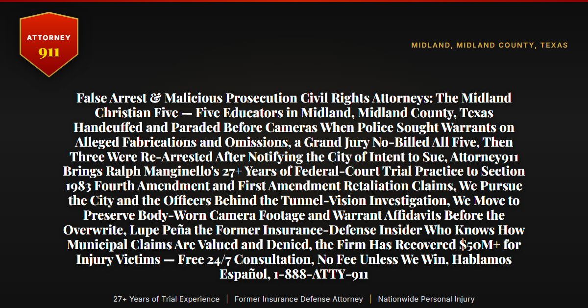 False Arrest & Malicious Prosecution Civil Rights Attorneys: The Midland Christian Five — Five Educators in Midland, Midland County, Texas Handcuffed and Paraded Before Cameras When Police Sought Warrants on Alleged Fabrications and Omissions, a Grand Jury No-Billed All Five, Then Three Were Re-Arrested After Notifying the City of Intent to Sue, Attorney911 Brings Ralph Manginello's 27+ Years of Federal-Court Trial Practice to Section 1983 Fourth Amendment and First Amendment Retaliation Claims, We Pursue the City and the Officers Behind the Tunnel-Vision Investigation, We Move to Preserve Body-Worn Camera Footage and Warrant Affidavits Before the Overwrite, Lupe Peña the Former Insurance-Defense Insider Who Knows How Municipal Claims Are Valued and Denied, the Firm Has Recovered $50M+ for Injury Victims — Free 24/7 Consultation, No Fee Unless We Win, Hablamos Español, 1-888-ATTY-911 - Attorney911