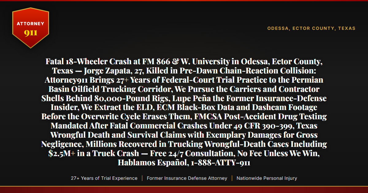 Fatal 18-Wheeler Crash at FM 866 & W. University in Odessa, Ector County, Texas — Jorge Zapata, 27, Killed in Pre-Dawn Chain-Reaction Collision: Attorney911 Brings 27+ Years of Federal-Court Trial Practice to the Permian Basin Oilfield Trucking Corridor, We Pursue the Carriers and Contractor Shells Behind 80,000-Pound Rigs, Lupe Peña the Former Insurance-Defense Insider, We Extract the ELD, ECM Black-Box Data and Dashcam Footage Before the Overwrite Cycle Erases Them, FMCSA Post-Accident Drug Testing Mandated After Fatal Commercial Crashes Under 49 CFR 390-399, Texas Wrongful Death and Survival Claims with Exemplary Damages for Gross Negligence, Millions Recovered in Trucking Wrongful-Death Cases Including $2.5M+ in a Truck Crash — Free 24/7 Consultation, No Fee Unless We Win, Hablamos Español, 1-888-ATTY-911 - Attorney911