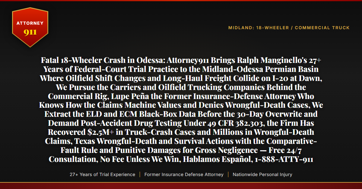 Fatal 18-Wheeler Crash in Odessa: Attorney911 Brings Ralph Manginello's 27+ Years of Federal-Court Trial Practice to the Midland-Odessa Permian Basin Where Oilfield Shift Changes and Long-Haul Freight Collide on I-20 at Dawn, We Pursue the Carriers and Oilfield Trucking Companies Behind the Commercial Rig, Lupe Peña the Former Insurance-Defense Attorney Who Knows How the Claims Machine Values and Denies Wrongful-Death Cases, We Extract the ELD and ECM Black-Box Data Before the 30-Day Overwrite and Demand Post-Accident Drug Testing Under 49 CFR 382.303, the Firm Has Recovered $2.5M+ in Truck-Crash Cases and Millions in Wrongful-Death Claims, Texas Wrongful-Death and Survival Actions with the Comparative-Fault Rule and Punitive Damages for Gross Negligence — Free 24/7 Consultation, No Fee Unless We Win, Hablamos Español, 1-888-ATTY-911 - Attorney911