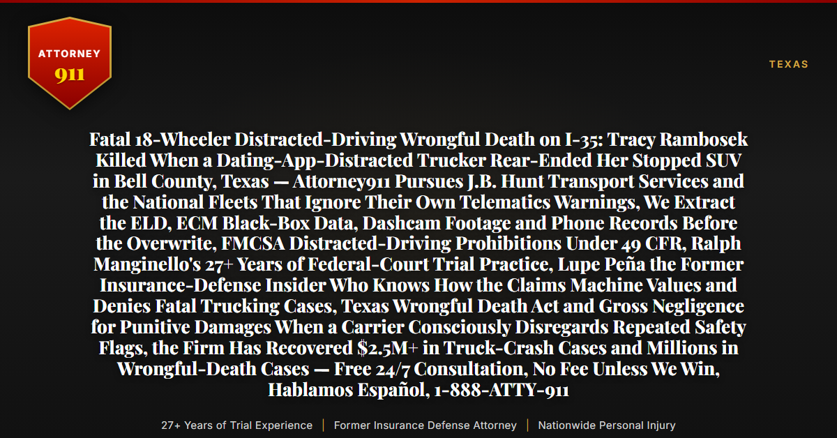 Fatal 18-Wheeler Distracted-Driving Wrongful Death on I-35: Tracy Rambosek Killed When a Dating-App-Distracted Trucker Rear-Ended Her Stopped SUV in Bell County, Texas — Attorney911 Pursues J.B. Hunt Transport Services and the National Fleets That Ignore Their Own Telematics Warnings, We Extract the ELD, ECM Black-Box Data, Dashcam Footage and Phone Records Before the Overwrite, FMCSA Distracted-Driving Prohibitions Under 49 CFR, Ralph Manginello's 27+ Years of Federal-Court Trial Practice, Lupe Peña the Former Insurance-Defense Insider Who Knows How the Claims Machine Values and Denies Fatal Trucking Cases, Texas Wrongful Death Act and Gross Negligence for Punitive Damages When a Carrier Consciously Disregards Repeated Safety Flags, the Firm Has Recovered $2.5M+ in Truck-Crash Cases and Millions in Wrongful-Death Cases — Free 24/7 Consultation, No Fee Unless We Win, Hablamos Español, 1-888-ATTY-911 - Attorney911