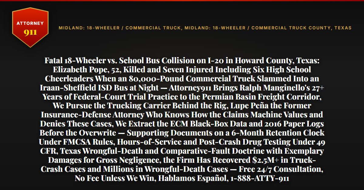 Fatal 18-Wheeler vs. School Bus Collision on I-20 in Howard County, Texas: Elizabeth Pope, 52, Killed and Seven Injured Including Six High School Cheerleaders When an 80,000-Pound Commercial Truck Slammed Into an Iraan-Sheffield ISD Bus at Night — Attorney911 Brings Ralph Manginello's 27+ Years of Federal-Court Trial Practice to the Permian Basin Freight Corridor, We Pursue the Trucking Carrier Behind the Rig, Lupe Peña the Former Insurance-Defense Attorney Who Knows How the Claims Machine Values and Denies These Cases, We Extract the ECM Black-Box Data and 2016 Paper Logs Before the Overwrite — Supporting Documents on a 6-Month Retention Clock Under FMCSA Rules, Hours-of-Service and Post-Crash Drug Testing Under 49 CFR, Texas Wrongful-Death and Comparative-Fault Doctrine with Exemplary Damages for Gross Negligence, the Firm Has Recovered $2.5M+ in Truck-Crash Cases and Millions in Wrongful-Death Cases — Free 24/7 Consultation, No Fee Unless We Win, Hablamos Español, 1-888-ATTY-911 - Attorney911