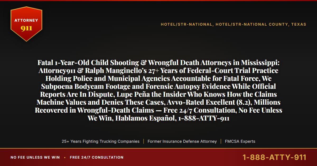 Fatal 1-Year-Old Child Shooting & Wrongful Death Attorneys in Mississippi: Attorney911 & Ralph Manginello’s 27+ Years of Federal-Court Trial Practice Holding Police and Municipal Agencies Accountable for Fatal Force, We Subpoena Bodycam Footage and Forensic Autopsy Evidence While Official Reports Are In Dispute, Lupe Peña the Insider Who Knows How the Claims Machine Values and Denies These Cases, Avvo-Rated Excellent (8.2), Millions Recovered in Wrongful-Death Claims — Free 24/7 Consultation, No Fee Unless We Win, Hablamos Español, 1-888-ATTY-911 - Attorney911