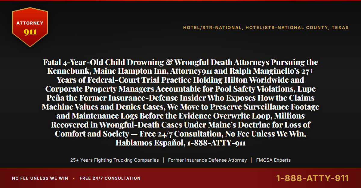 Fatal 4-Year-Old Child Drowning & Wrongful Death Attorneys Pursuing the Kennebunk, Maine Hampton Inn, Attorney911 and Ralph Manginello’s 27+ Years of Federal-Court Trial Practice Holding Hilton Worldwide and Corporate Property Managers Accountable for Pool Safety Violations, Lupe Peña the Former Insurance-Defense Insider Who Exposes How the Claims Machine Values and Denies Cases, We Move to Preserve Surveillance Footage and Maintenance Logs Before the Evidence Overwrite Loop, Millions Recovered in Wrongful-Death Cases Under Maine’s Doctrine for Loss of Comfort and Society — Free 24/7 Consultation, No Fee Unless We Win, Hablamos Español, 1-888-ATTY-911 - Attorney911