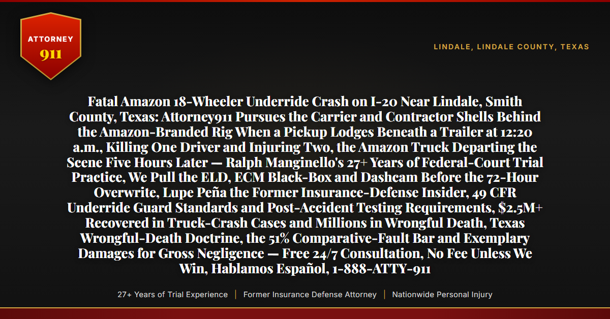 Fatal Amazon 18-Wheeler Underride Crash on I-20 Near Lindale, Smith County, Texas: Attorney911 Pursues the Carrier and Contractor Shells Behind the Amazon-Branded Rig When a Pickup Lodges Beneath a Trailer at 12:20 a.m., Killing One Driver and Injuring Two, the Amazon Truck Departing the Scene Five Hours Later — Ralph Manginello's 27+ Years of Federal-Court Trial Practice, We Pull the ELD, ECM Black-Box and Dashcam Before the 72-Hour Overwrite, Lupe Peña the Former Insurance-Defense Insider, 49 CFR Underride Guard Standards and Post-Accident Testing Requirements, $2.5M+ Recovered in Truck-Crash Cases and Millions in Wrongful Death, Texas Wrongful-Death Doctrine, the 51% Comparative-Fault Bar and Exemplary Damages for Gross Negligence — Free 24/7 Consultation, No Fee Unless We Win, Hablamos Español, 1-888-ATTY-911 - Attorney911