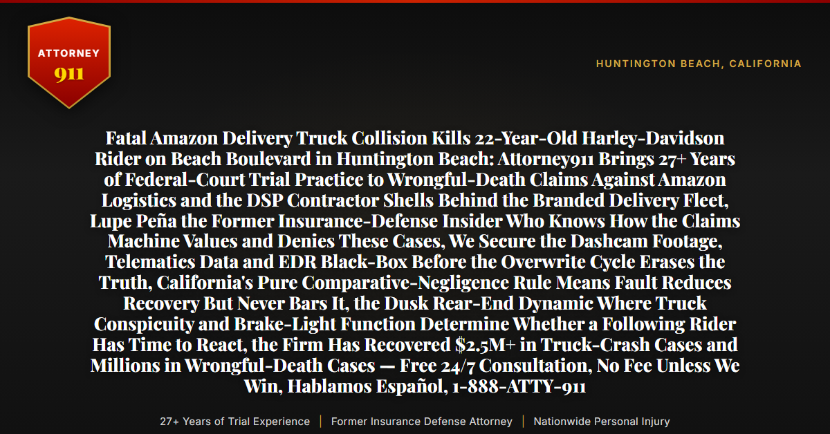Fatal Amazon Delivery Truck Collision Kills 22-Year-Old Harley-Davidson Rider on Beach Boulevard in Huntington Beach: Attorney911 Brings 27+ Years of Federal-Court Trial Practice to Wrongful-Death Claims Against Amazon Logistics and the DSP Contractor Shells Behind the Branded Delivery Fleet, Lupe Peña the Former Insurance-Defense Insider Who Knows How the Claims Machine Values and Denies These Cases, We Secure the Dashcam Footage, Telematics Data and EDR Black-Box Before the Overwrite Cycle Erases the Truth, California's Pure Comparative-Negligence Rule Means Fault Reduces Recovery But Never Bars It, the Dusk Rear-End Dynamic Where Truck Conspicuity and Brake-Light Function Determine Whether a Following Rider Has Time to React, the Firm Has Recovered $2.5M+ in Truck-Crash Cases and Millions in Wrongful-Death Cases — Free 24/7 Consultation, No Fee Unless We Win, Hablamos Español, 1-888-ATTY-911 - Attorney911