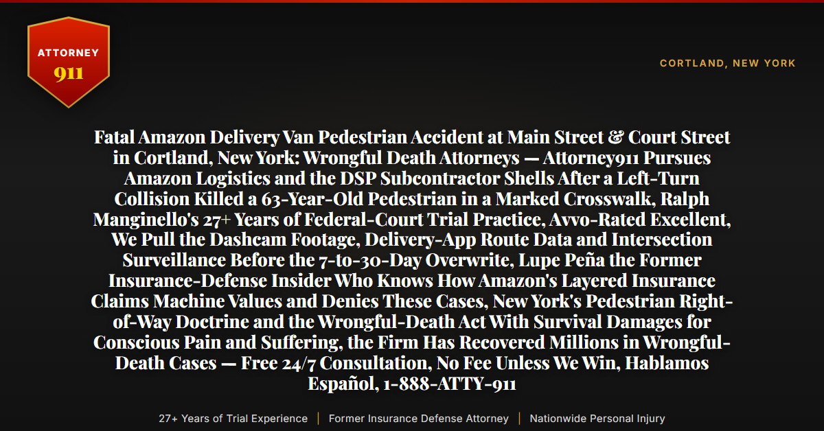 Fatal Amazon Delivery Van Pedestrian Accident at Main Street & Court Street in Cortland, New York: Wrongful Death Attorneys — Attorney911 Pursues Amazon Logistics and the DSP Subcontractor Shells After a Left-Turn Collision Killed a 63-Year-Old Pedestrian in a Marked Crosswalk, Ralph Manginello's 27+ Years of Federal-Court Trial Practice, Avvo-Rated Excellent, We Pull the Dashcam Footage, Delivery-App Route Data and Intersection Surveillance Before the 7-to-30-Day Overwrite, Lupe Peña the Former Insurance-Defense Insider Who Knows How Amazon's Layered Insurance Claims Machine Values and Denies These Cases, New York's Pedestrian Right-of-Way Doctrine and the Wrongful-Death Act With Survival Damages for Conscious Pain and Suffering, the Firm Has Recovered Millions in Wrongful-Death Cases — Free 24/7 Consultation, No Fee Unless We Win, Hablamos Español, 1-888-ATTY-911 - Attorney911
