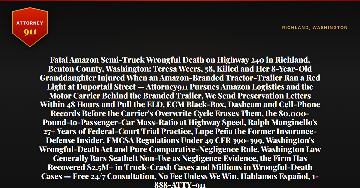 Fatal Amazon Semi-Truck Wrongful Death on Highway 240 in Richland, Benton County, Washington: Teresa Weers, 58, Killed and Her 8-Year-Old Granddaughter Injured When an Amazon-Branded Tractor-Trailer Ran a Red Light at Duportail Street — Attorney911 Pursues Amazon Logistics and the Motor Carrier Behind the Branded Trailer, We Send Preservation Letters Within 48 Hours and Pull the ELD, ECM Black-Box, Dashcam and Cell-Phone Records Before the Carrier's Overwrite Cycle Erases Them, the 80,000-Pound-to-Passenger-Car Mass-Ratio at Highway Speed, Ralph Manginello's 27+ Years of Federal-Court Trial Practice, Lupe Peña the Former Insurance-Defense Insider, FMCSA Regulations Under 49 CFR 390-399, Washington's Wrongful-Death Act and Pure Comparative-Negligence Rule, Washington Law Generally Bars Seatbelt Non-Use as Negligence Evidence, the Firm Has Recovered $2.5M+ in Truck-Crash Cases and Millions in Wrongful-Death Cases — Free 24/7 Consultation, No Fee Unless We Win, Hablamos Español, 1-888-ATTY-911 - Attorney911