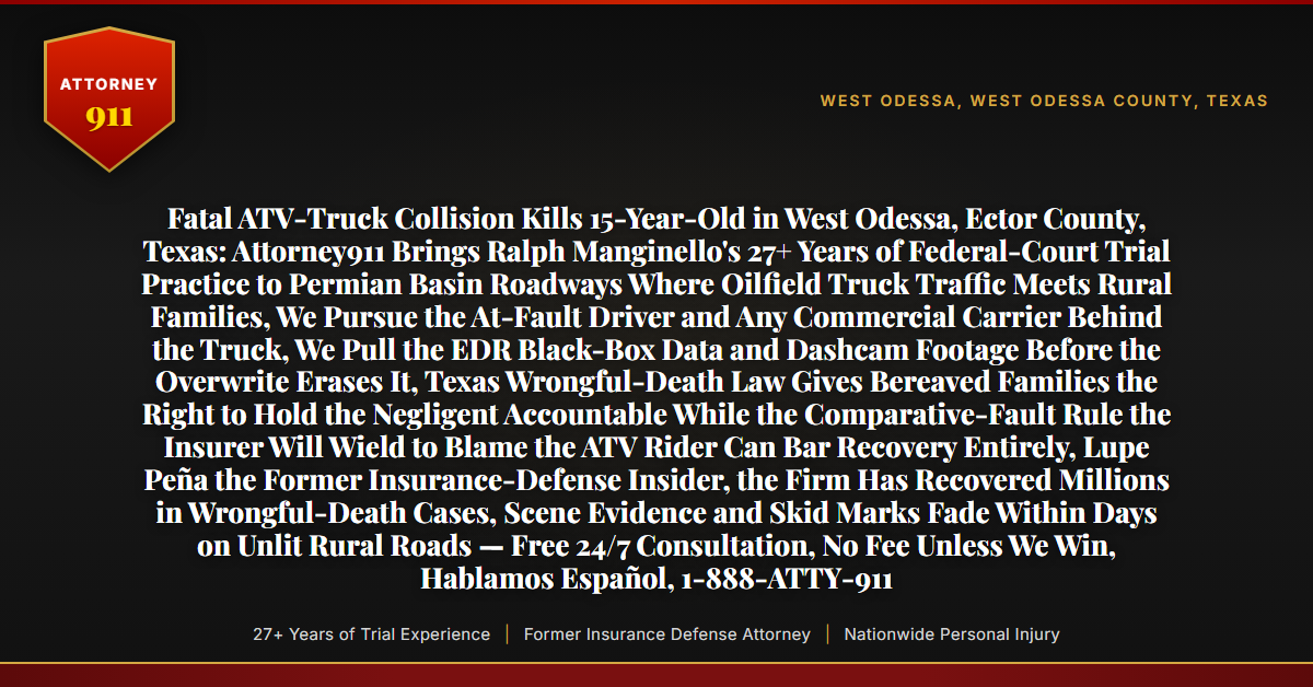 Fatal ATV-Truck Collision Kills 15-Year-Old in West Odessa, Ector County, Texas: Attorney911 Brings Ralph Manginello's 27+ Years of Federal-Court Trial Practice to Permian Basin Roadways Where Oilfield Truck Traffic Meets Rural Families, We Pursue the At-Fault Driver and Any Commercial Carrier Behind the Truck, We Pull the EDR Black-Box Data and Dashcam Footage Before the Overwrite Erases It, Texas Wrongful-Death Law Gives Bereaved Families the Right to Hold the Negligent Accountable While the Comparative-Fault Rule the Insurer Will Wield to Blame the ATV Rider Can Bar Recovery Entirely, Lupe Peña the Former Insurance-Defense Insider, the Firm Has Recovered Millions in Wrongful-Death Cases, Scene Evidence and Skid Marks Fade Within Days on Unlit Rural Roads — Free 24/7 Consultation, No Fee Unless We Win, Hablamos Español, 1-888-ATTY-911 - Attorney911