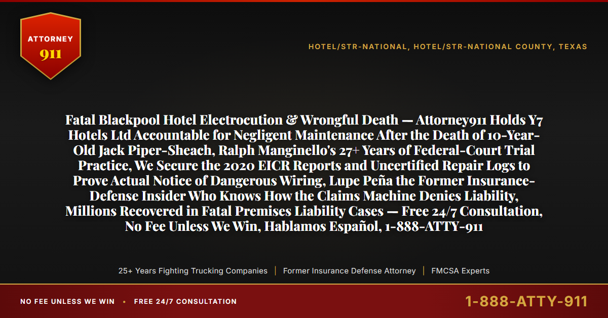 Fatal Blackpool Hotel Electrocution & Wrongful Death — Attorney911 Holds Y7 Hotels Ltd Accountable for Negligent Maintenance After the Death of 10-Year-Old Jack Piper-Sheach, Ralph Manginello's 27+ Years of Federal-Court Trial Practice, We Secure the 2020 EICR Reports and Uncertified Repair Logs to Prove Actual Notice of Dangerous Wiring, Lupe Peña the Former Insurance-Defense Insider Who Knows How the Claims Machine Denies Liability, Millions Recovered in Fatal Premises Liability Cases — Free 24/7 Consultation, No Fee Unless We Win, Hablamos Español, 1-888-ATTY-911 - Attorney911
