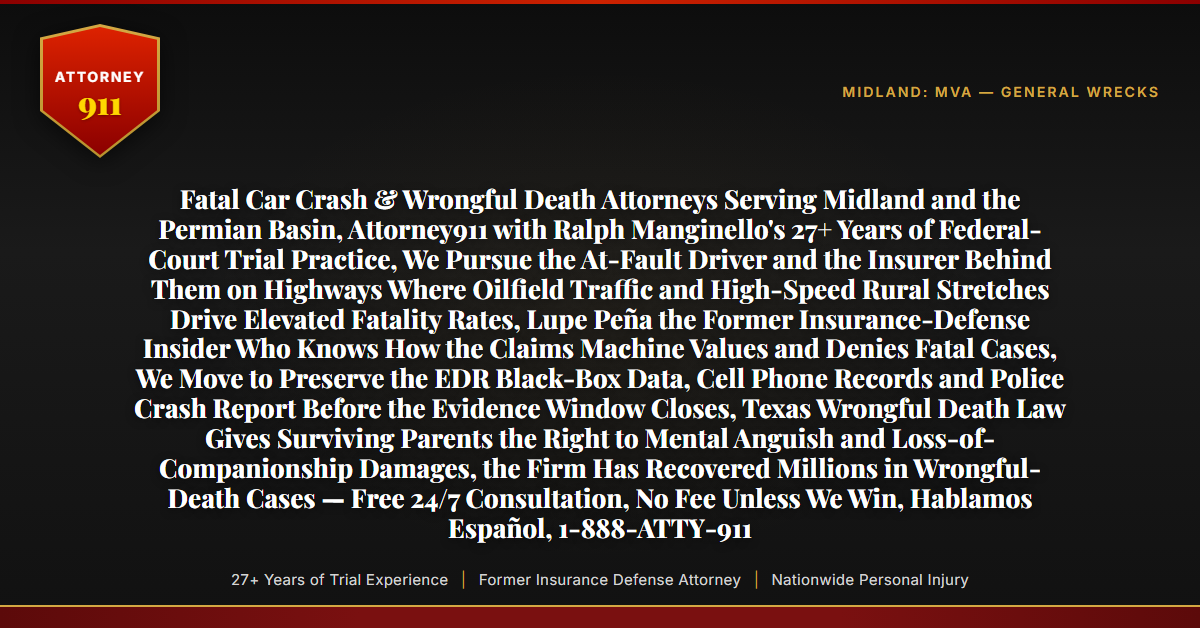 Fatal Car Crash & Wrongful Death Attorneys Serving Midland and the Permian Basin, Attorney911 with Ralph Manginello's 27+ Years of Federal-Court Trial Practice, We Pursue the At-Fault Driver and the Insurer Behind Them on Highways Where Oilfield Traffic and High-Speed Rural Stretches Drive Elevated Fatality Rates, Lupe Peña the Former Insurance-Defense Insider Who Knows How the Claims Machine Values and Denies Fatal Cases, We Move to Preserve the EDR Black-Box Data, Cell Phone Records and Police Crash Report Before the Evidence Window Closes, Texas Wrongful Death Law Gives Surviving Parents the Right to Mental Anguish and Loss-of-Companionship Damages, the Firm Has Recovered Millions in Wrongful-Death Cases — Free 24/7 Consultation, No Fee Unless We Win, Hablamos Español, 1-888-ATTY-911 - Attorney911