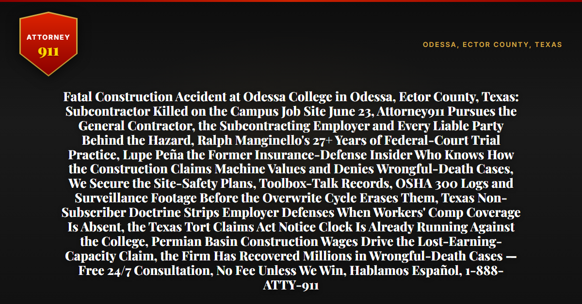 Fatal Construction Accident at Odessa College in Odessa, Ector County, Texas: Subcontractor Killed on the Campus Job Site June 23, Attorney911 Pursues the General Contractor, the Subcontracting Employer and Every Liable Party Behind the Hazard, Ralph Manginello's 27+ Years of Federal-Court Trial Practice, Lupe Peña the Former Insurance-Defense Insider Who Knows How the Construction Claims Machine Values and Denies Wrongful-Death Cases, We Secure the Site-Safety Plans, Toolbox-Talk Records, OSHA 300 Logs and Surveillance Footage Before the Overwrite Cycle Erases Them, Texas Non-Subscriber Doctrine Strips Employer Defenses When Workers' Comp Coverage Is Absent, the Texas Tort Claims Act Notice Clock Is Already Running Against the College, Permian Basin Construction Wages Drive the Lost-Earning-Capacity Claim, the Firm Has Recovered Millions in Wrongful-Death Cases — Free 24/7 Consultation, No Fee Unless We Win, Hablamos Español, 1-888-ATTY-911 - Attorney911