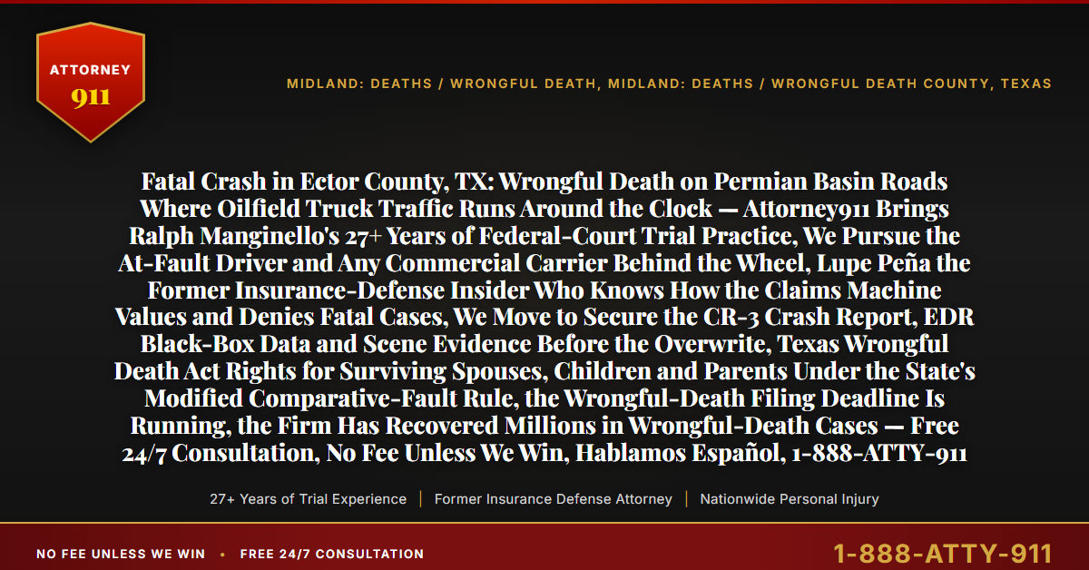 Fatal Crash in Ector County, TX: Wrongful Death on Permian Basin Roads Where Oilfield Truck Traffic Runs Around the Clock — Attorney911 Brings Ralph Manginello's 27+ Years of Federal-Court Trial Practice, We Pursue the At-Fault Driver and Any Commercial Carrier Behind the Wheel, Lupe Peña the Former Insurance-Defense Insider Who Knows How the Claims Machine Values and Denies Fatal Cases, We Move to Secure the CR-3 Crash Report, EDR Black-Box Data and Scene Evidence Before the Overwrite, Texas Wrongful Death Act Rights for Surviving Spouses, Children and Parents Under the State's Modified Comparative-Fault Rule, the Wrongful-Death Filing Deadline Is Running, the Firm Has Recovered Millions in Wrongful-Death Cases — Free 24/7 Consultation, No Fee Unless We Win, Hablamos Español, 1-888-ATTY-911 - Attorney911