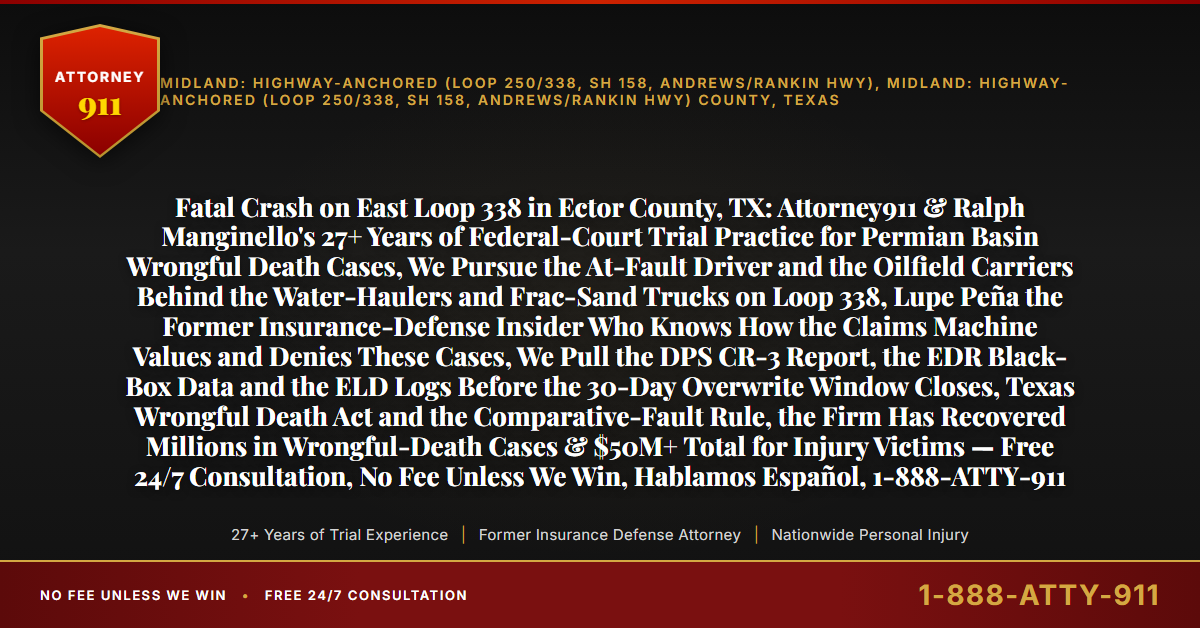 Fatal Crash on East Loop 338 in Ector County, TX: Attorney911 & Ralph Manginello's 27+ Years of Federal-Court Trial Practice for Permian Basin Wrongful Death Cases, We Pursue the At-Fault Driver and the Oilfield Carriers Behind the Water-Haulers and Frac-Sand Trucks on Loop 338, Lupe Peña the Former Insurance-Defense Insider Who Knows How the Claims Machine Values and Denies These Cases, We Pull the DPS CR-3 Report, the EDR Black-Box Data and the ELD Logs Before the 30-Day Overwrite Window Closes, Texas Wrongful Death Act and the Comparative-Fault Rule, the Firm Has Recovered Millions in Wrongful-Death Cases & $50M+ Total for Injury Victims — Free 24/7 Consultation, No Fee Unless We Win, Hablamos Español, 1-888-ATTY-911 - Attorney911