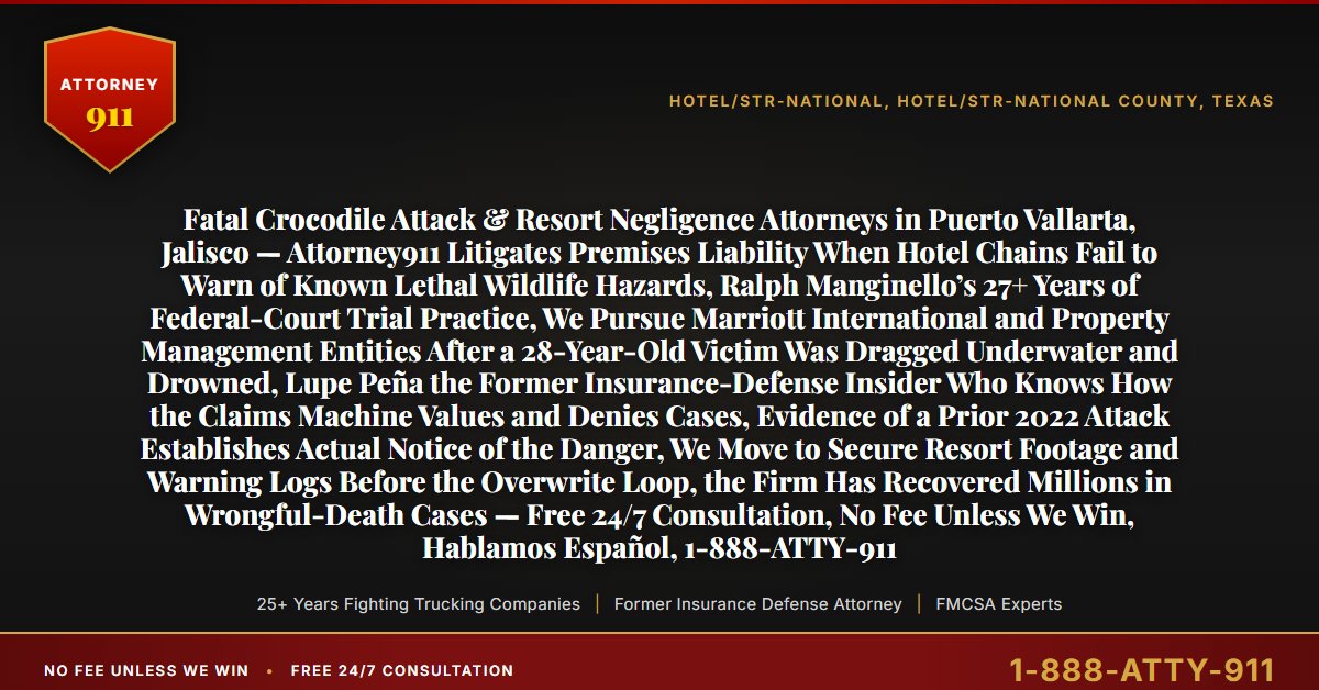 Fatal Crocodile Attack & Resort Negligence Attorneys in Puerto Vallarta, Jalisco — Attorney911 Litigates Premises Liability When Hotel Chains Fail to Warn of Known Lethal Wildlife Hazards, Ralph Manginello’s 27+ Years of Federal-Court Trial Practice, We Pursue Marriott International and Property Management Entities After a 28-Year-Old Victim Was Dragged Underwater and Drowned, Lupe Peña the Former Insurance-Defense Insider Who Knows How the Claims Machine Values and Denies Cases, Evidence of a Prior 2022 Attack Establishes Actual Notice of the Danger, We Move to Secure Resort Footage and Warning Logs Before the Overwrite Loop, the Firm Has Recovered Millions in Wrongful-Death Cases — Free 24/7 Consultation, No Fee Unless We Win, Hablamos Español, 1-888-ATTY-911 - Attorney911