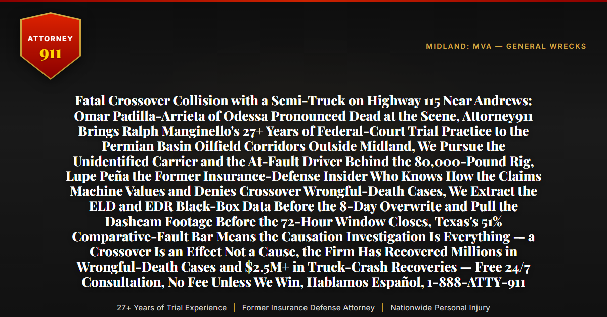 Fatal Crossover Collision with a Semi-Truck on Highway 115 Near Andrews: Omar Padilla-Arrieta of Odessa Pronounced Dead at the Scene, Attorney911 Brings Ralph Manginello's 27+ Years of Federal-Court Trial Practice to the Permian Basin Oilfield Corridors Outside Midland, We Pursue the Unidentified Carrier and the At-Fault Driver Behind the 80,000-Pound Rig, Lupe Peña the Former Insurance-Defense Insider Who Knows How the Claims Machine Values and Denies Crossover Wrongful-Death Cases, We Extract the ELD and EDR Black-Box Data Before the 8-Day Overwrite and Pull the Dashcam Footage Before the 72-Hour Window Closes, Texas's 51% Comparative-Fault Bar Means the Causation Investigation Is Everything — a Crossover Is an Effect Not a Cause, the Firm Has Recovered Millions in Wrongful-Death Cases and $2.5M+ in Truck-Crash Recoveries — Free 24/7 Consultation, No Fee Unless We Win, Hablamos Español, 1-888-ATTY-911 - Attorney911