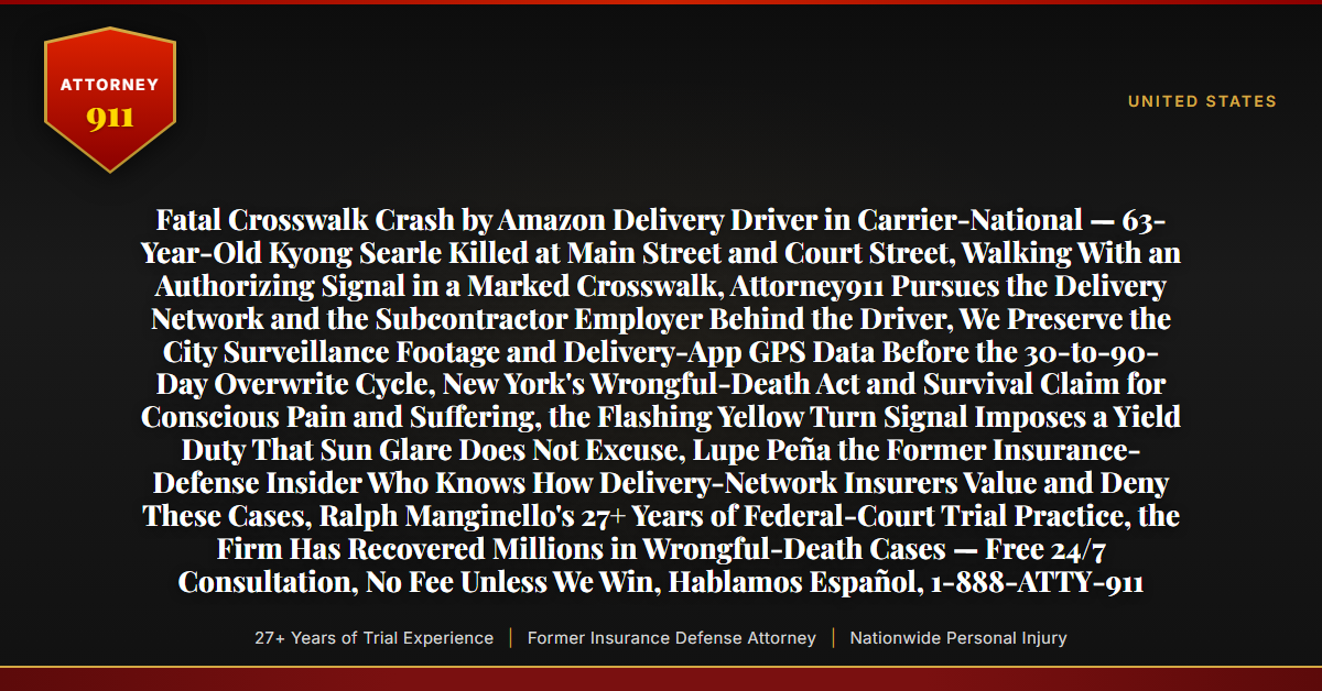 Fatal Crosswalk Crash by Amazon Delivery Driver in Carrier-National — 63-Year-Old Kyong Searle Killed at Main Street and Court Street, Walking With an Authorizing Signal in a Marked Crosswalk, Attorney911 Pursues the Delivery Network and the Subcontractor Employer Behind the Driver, We Preserve the City Surveillance Footage and Delivery-App GPS Data Before the 30-to-90-Day Overwrite Cycle, New York's Wrongful-Death Act and Survival Claim for Conscious Pain and Suffering, the Flashing Yellow Turn Signal Imposes a Yield Duty That Sun Glare Does Not Excuse, Lupe Peña the Former Insurance-Defense Insider Who Knows How Delivery-Network Insurers Value and Deny These Cases, Ralph Manginello's 27+ Years of Federal-Court Trial Practice, the Firm Has Recovered Millions in Wrongful-Death Cases — Free 24/7 Consultation, No Fee Unless We Win, Hablamos Español, 1-888-ATTY-911 - Attorney911