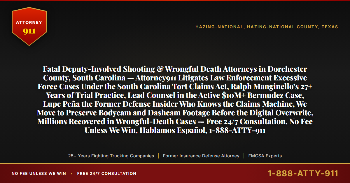 Fatal Deputy-Involved Shooting & Wrongful Death Attorneys in Dorchester County, South Carolina — Attorney911 Litigates Law Enforcement Excessive Force Cases Under the South Carolina Tort Claims Act, Ralph Manginello’s 27+ Years of Trial Practice, Lead Counsel in the Active $10M+ Bermudez Case, Lupe Peña the Former Defense Insider Who Knows the Claims Machine, We Move to Preserve Bodycam and Dashcam Footage Before the Digital Overwrite, Millions Recovered in Wrongful-Death Cases — Free 24/7 Consultation, No Fee Unless We Win, Hablamos Español, 1-888-ATTY-911 - Attorney911