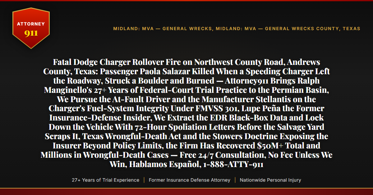 Fatal Dodge Charger Rollover Fire on Northwest County Road, Andrews County, Texas: Passenger Paola Salazar Killed When a Speeding Charger Left the Roadway, Struck a Boulder and Burned — Attorney911 Brings Ralph Manginello's 27+ Years of Federal-Court Trial Practice to the Permian Basin, We Pursue the At-Fault Driver and the Manufacturer Stellantis on the Charger's Fuel-System Integrity Under FMVSS 301, Lupe Peña the Former Insurance-Defense Insider, We Extract the EDR Black-Box Data and Lock Down the Vehicle With 72-Hour Spoliation Letters Before the Salvage Yard Scraps It, Texas Wrongful-Death Act and the Stowers Doctrine Exposing the Insurer Beyond Policy Limits, the Firm Has Recovered $50M+ Total and Millions in Wrongful-Death Cases — Free 24/7 Consultation, No Fee Unless We Win, Hablamos Español, 1-888-ATTY-911 - Attorney911
