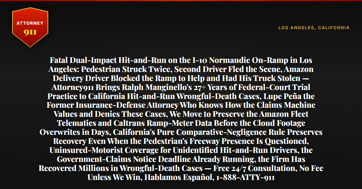 Fatal Dual-Impact Hit-and-Run on the I-10 Normandie On-Ramp in Los Angeles: Pedestrian Struck Twice, Second Driver Fled the Scene, Amazon Delivery Driver Blocked the Ramp to Help and Had His Truck Stolen — Attorney911 Brings Ralph Manginello's 27+ Years of Federal-Court Trial Practice to California Hit-and-Run Wrongful-Death Cases, Lupe Peña the Former Insurance-Defense Attorney Who Knows How the Claims Machine Values and Denies These Cases, We Move to Preserve the Amazon Fleet Telematics and Caltrans Ramp-Meter Data Before the Cloud Footage Overwrites in Days, California's Pure Comparative-Negligence Rule Preserves Recovery Even When the Pedestrian's Freeway Presence Is Questioned, Uninsured-Motorist Coverage for Unidentified Hit-and-Run Drivers, the Government-Claims Notice Deadline Already Running, the Firm Has Recovered Millions in Wrongful-Death Cases — Free 24/7 Consultation, No Fee Unless We Win, Hablamos Español, 1-888-ATTY-911 - Attorney911