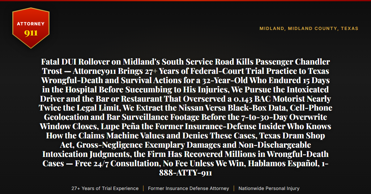Fatal DUI Rollover on Midland's South Service Road Kills Passenger Chandler Trost — Attorney911 Brings 27+ Years of Federal-Court Trial Practice to Texas Wrongful-Death and Survival Actions for a 32-Year-Old Who Endured 15 Days in the Hospital Before Succumbing to His Injuries, We Pursue the Intoxicated Driver and the Bar or Restaurant That Overserved a 0.143 BAC Motorist Nearly Twice the Legal Limit, We Extract the Nissan Versa Black-Box Data, Cell-Phone Geolocation and Bar Surveillance Footage Before the 7-to-30-Day Overwrite Window Closes, Lupe Peña the Former Insurance-Defense Insider Who Knows How the Claims Machine Values and Denies These Cases, Texas Dram Shop Act, Gross-Negligence Exemplary Damages and Non-Dischargeable Intoxication Judgments, the Firm Has Recovered Millions in Wrongful-Death Cases — Free 24/7 Consultation, No Fee Unless We Win, Hablamos Español, 1-888-ATTY-911 - Attorney911