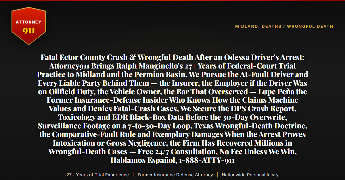 Fatal Ector County Crash & Wrongful Death After an Odessa Driver's Arrest: Attorney911 Brings Ralph Manginello's 27+ Years of Federal-Court Trial Practice to Midland and the Permian Basin, We Pursue the At-Fault Driver and Every Liable Party Behind Them — the Insurer, the Employer if the Driver Was on Oilfield Duty, the Vehicle Owner, the Bar That Overserved — Lupe Peña the Former Insurance-Defense Insider Who Knows How the Claims Machine Values and Denies Fatal-Crash Cases, We Secure the DPS Crash Report, Toxicology and EDR Black-Box Data Before the 30-Day Overwrite, Surveillance Footage on a 7-to-30-Day Loop, Texas Wrongful-Death Doctrine, the Comparative-Fault Rule and Exemplary Damages When the Arrest Proves Intoxication or Gross Negligence, the Firm Has Recovered Millions in Wrongful-Death Cases — Free 24/7 Consultation, No Fee Unless We Win, Hablamos Español, 1-888-ATTY-911 - Attorney911