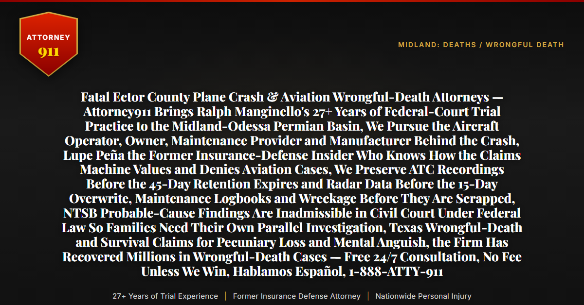 Fatal Ector County Plane Crash & Aviation Wrongful-Death Attorneys — Attorney911 Brings Ralph Manginello's 27+ Years of Federal-Court Trial Practice to the Midland-Odessa Permian Basin, We Pursue the Aircraft Operator, Owner, Maintenance Provider and Manufacturer Behind the Crash, Lupe Peña the Former Insurance-Defense Insider Who Knows How the Claims Machine Values and Denies Aviation Cases, We Preserve ATC Recordings Before the 45-Day Retention Expires and Radar Data Before the 15-Day Overwrite, Maintenance Logbooks and Wreckage Before They Are Scrapped, NTSB Probable-Cause Findings Are Inadmissible in Civil Court Under Federal Law So Families Need Their Own Parallel Investigation, Texas Wrongful-Death and Survival Claims for Pecuniary Loss and Mental Anguish, the Firm Has Recovered Millions in Wrongful-Death Cases — Free 24/7 Consultation, No Fee Unless We Win, Hablamos Español, 1-888-ATTY-911 - Attorney911