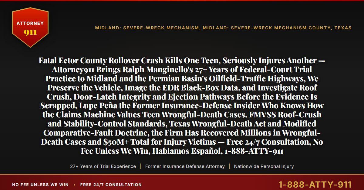 Fatal Ector County Rollover Crash Kills One Teen, Seriously Injures Another — Attorney911 Brings Ralph Manginello's 27+ Years of Federal-Court Trial Practice to Midland and the Permian Basin's Oilfield-Traffic Highways, We Preserve the Vehicle, Image the EDR Black-Box Data, and Investigate Roof Crush, Door-Latch Integrity and Ejection Pathways Before the Evidence Is Scrapped, Lupe Peña the Former Insurance-Defense Insider Who Knows How the Claims Machine Values Teen Wrongful-Death Cases, FMVSS Roof-Crush and Stability-Control Standards, Texas Wrongful-Death Act and Modified Comparative-Fault Doctrine, the Firm Has Recovered Millions in Wrongful-Death Cases and $50M+ Total for Injury Victims — Free 24/7 Consultation, No Fee Unless We Win, Hablamos Español, 1-888-ATTY-911 - Attorney911