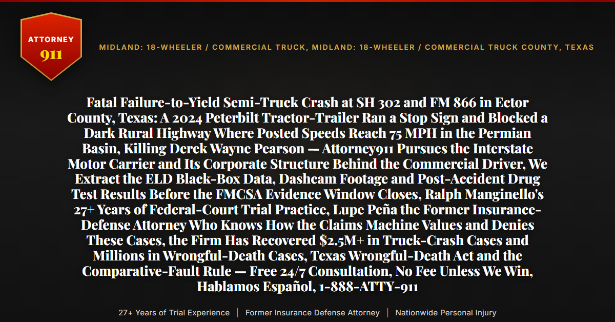 Fatal Failure-to-Yield Semi-Truck Crash at SH 302 and FM 866 in Ector County, Texas: A 2024 Peterbilt Tractor-Trailer Ran a Stop Sign and Blocked a Dark Rural Highway Where Posted Speeds Reach 75 MPH in the Permian Basin, Killing Derek Wayne Pearson — Attorney911 Pursues the Interstate Motor Carrier and Its Corporate Structure Behind the Commercial Driver, We Extract the ELD Black-Box Data, Dashcam Footage and Post-Accident Drug Test Results Before the FMCSA Evidence Window Closes, Ralph Manginello's 27+ Years of Federal-Court Trial Practice, Lupe Peña the Former Insurance-Defense Attorney Who Knows How the Claims Machine Values and Denies These Cases, the Firm Has Recovered $2.5M+ in Truck-Crash Cases and Millions in Wrongful-Death Cases, Texas Wrongful-Death Act and the Comparative-Fault Rule — Free 24/7 Consultation, No Fee Unless We Win, Hablamos Español, 1-888-ATTY-911 - Attorney911