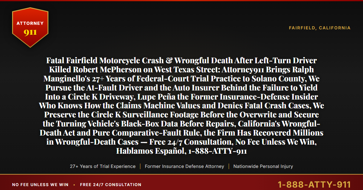 Fatal Fairfield Motorcycle Crash & Wrongful Death After Left-Turn Driver Killed Robert McPherson on West Texas Street: Attorney911 Brings Ralph Manginello's 27+ Years of Federal-Court Trial Practice to Solano County, We Pursue the At-Fault Driver and the Auto Insurer Behind the Failure to Yield Into a Circle K Driveway, Lupe Peña the Former Insurance-Defense Insider Who Knows How the Claims Machine Values and Denies Fatal Crash Cases, We Preserve the Circle K Surveillance Footage Before the Overwrite and Secure the Turning Vehicle's Black-Box Data Before Repairs, California's Wrongful-Death Act and Pure Comparative-Fault Rule, the Firm Has Recovered Millions in Wrongful-Death Cases — Free 24/7 Consultation, No Fee Unless We Win, Hablamos Español, 1-888-ATTY-911 - Attorney911