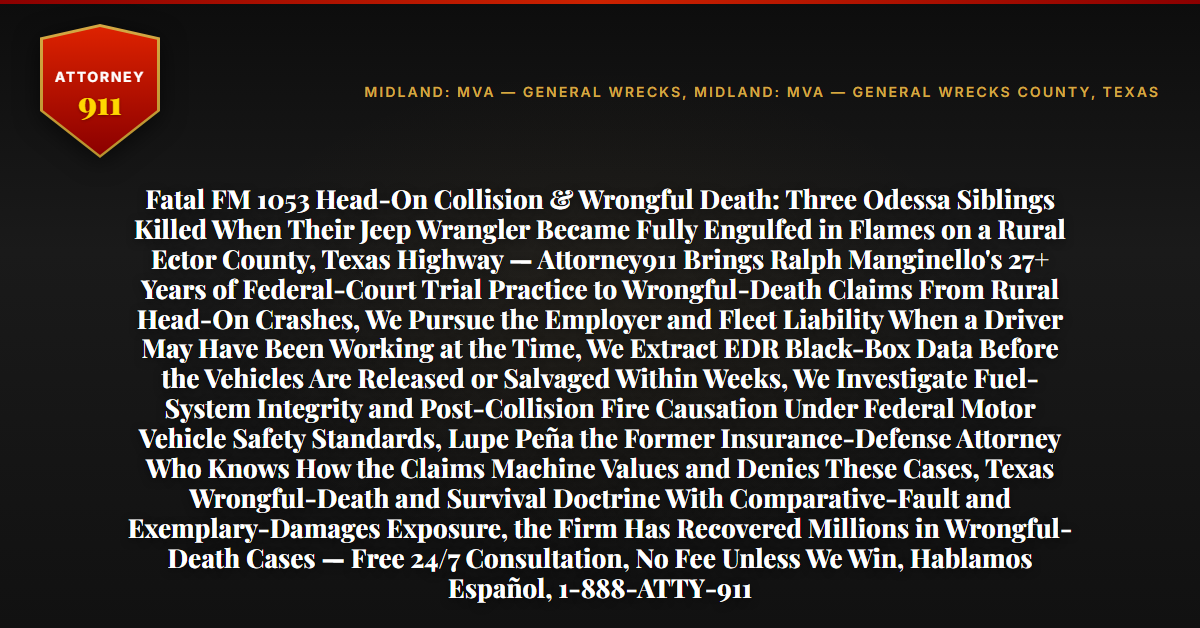 Fatal FM 1053 Head-On Collision & Wrongful Death: Three Odessa Siblings Killed When Their Jeep Wrangler Became Fully Engulfed in Flames on a Rural Ector County, Texas Highway — Attorney911 Brings Ralph Manginello's 27+ Years of Federal-Court Trial Practice to Wrongful-Death Claims From Rural Head-On Crashes, We Pursue the Employer and Fleet Liability When a Driver May Have Been Working at the Time, We Extract EDR Black-Box Data Before the Vehicles Are Released or Salvaged Within Weeks, We Investigate Fuel-System Integrity and Post-Collision Fire Causation Under Federal Motor Vehicle Safety Standards, Lupe Peña the Former Insurance-Defense Attorney Who Knows How the Claims Machine Values and Denies These Cases, Texas Wrongful-Death and Survival Doctrine With Comparative-Fault and Exemplary-Damages Exposure, the Firm Has Recovered Millions in Wrongful-Death Cases — Free 24/7 Consultation, No Fee Unless We Win, Hablamos Español, 1-888-ATTY-911 - Attorney911
