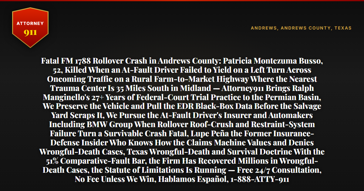Fatal FM 1788 Rollover Crash in Andrews County: Patricia Montezuma Busso, 52, Killed When an At-Fault Driver Failed to Yield on a Left Turn Across Oncoming Traffic on a Rural Farm-to-Market Highway Where the Nearest Trauma Center Is 35 Miles South in Midland — Attorney911 Brings Ralph Manginello's 27+ Years of Federal-Court Trial Practice to the Permian Basin, We Preserve the Vehicle and Pull the EDR Black-Box Data Before the Salvage Yard Scraps It, We Pursue the At-Fault Driver's Insurer and Automakers Including BMW Group When Rollover Roof-Crush and Restraint-System Failure Turn a Survivable Crash Fatal, Lupe Peña the Former Insurance-Defense Insider Who Knows How the Claims Machine Values and Denies Wrongful-Death Cases, Texas Wrongful-Death and Survival Doctrine With the 51% Comparative-Fault Bar, the Firm Has Recovered Millions in Wrongful-Death Cases, the Statute of Limitations Is Running — Free 24/7 Consultation, No Fee Unless We Win, Hablamos Español, 1-888-ATTY-911 - Attorney911