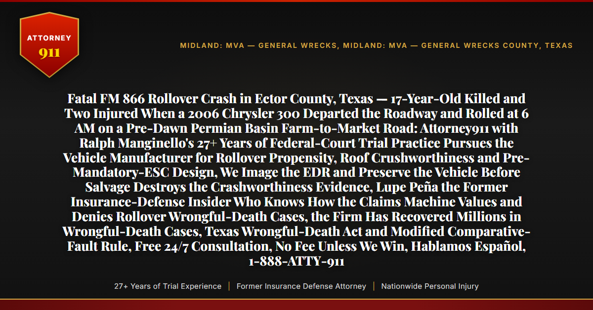 Fatal FM 866 Rollover Crash in Ector County, Texas — 17-Year-Old Killed and Two Injured When a 2006 Chrysler 300 Departed the Roadway and Rolled at 6 AM on a Pre-Dawn Permian Basin Farm-to-Market Road: Attorney911 with Ralph Manginello's 27+ Years of Federal-Court Trial Practice Pursues the Vehicle Manufacturer for Rollover Propensity, Roof Crushworthiness and Pre-Mandatory-ESC Design, We Image the EDR and Preserve the Vehicle Before Salvage Destroys the Crashworthiness Evidence, Lupe Peña the Former Insurance-Defense Insider Who Knows How the Claims Machine Values and Denies Rollover Wrongful-Death Cases, the Firm Has Recovered Millions in Wrongful-Death Cases, Texas Wrongful-Death Act and Modified Comparative-Fault Rule, Free 24/7 Consultation, No Fee Unless We Win, Hablamos Español, 1-888-ATTY-911 - Attorney911