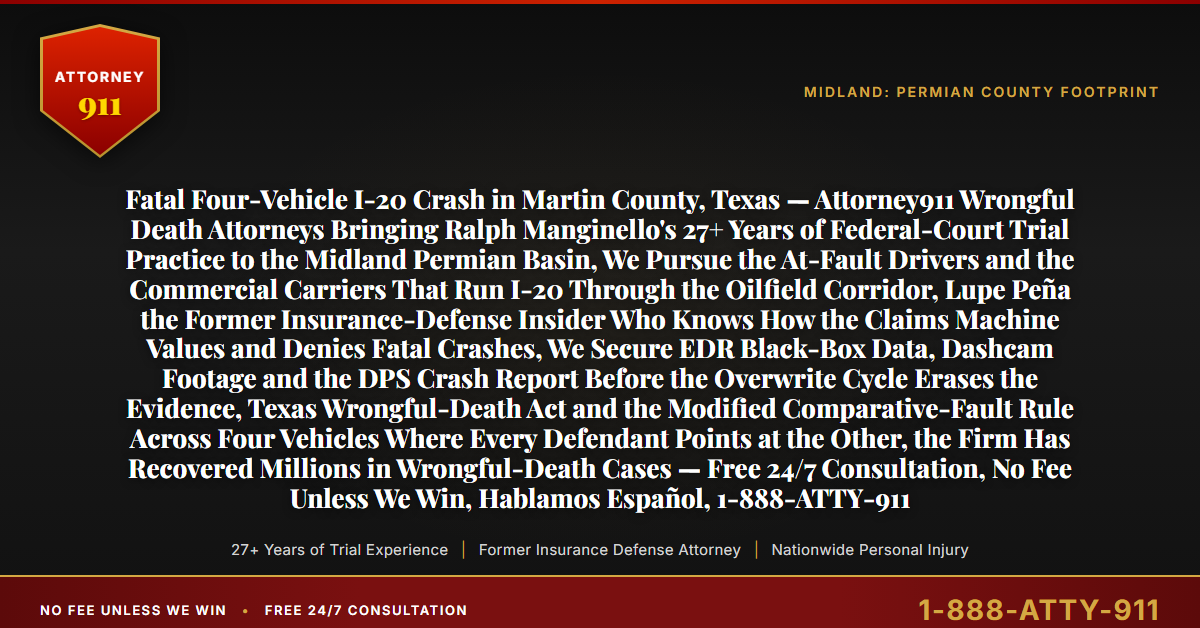 Fatal Four-Vehicle I-20 Crash in Martin County, Texas — Attorney911 Wrongful Death Attorneys Bringing Ralph Manginello's 27+ Years of Federal-Court Trial Practice to the Midland Permian Basin, We Pursue the At-Fault Drivers and the Commercial Carriers That Run I-20 Through the Oilfield Corridor, Lupe Peña the Former Insurance-Defense Insider Who Knows How the Claims Machine Values and Denies Fatal Crashes, We Secure EDR Black-Box Data, Dashcam Footage and the DPS Crash Report Before the Overwrite Cycle Erases the Evidence, Texas Wrongful-Death Act and the Modified Comparative-Fault Rule Across Four Vehicles Where Every Defendant Points at the Other, the Firm Has Recovered Millions in Wrongful-Death Cases — Free 24/7 Consultation, No Fee Unless We Win, Hablamos Español, 1-888-ATTY-911 - Attorney911