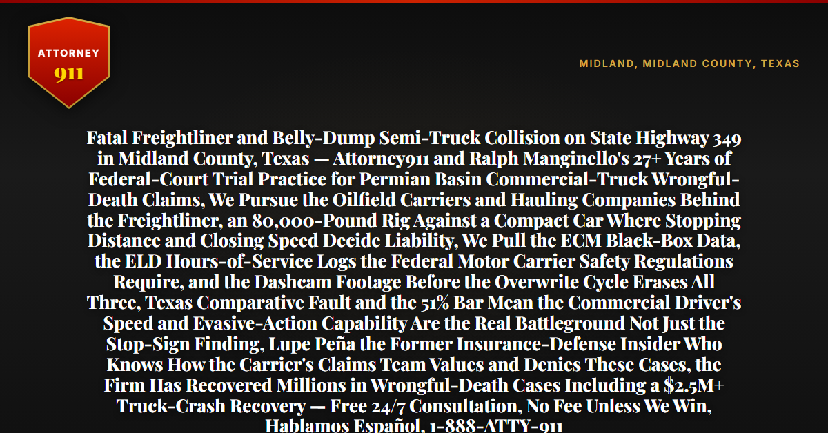 Fatal Freightliner and Belly-Dump Semi-Truck Collision on State Highway 349 in Midland County, Texas — Attorney911 and Ralph Manginello's 27+ Years of Federal-Court Trial Practice for Permian Basin Commercial-Truck Wrongful-Death Claims, We Pursue the Oilfield Carriers and Hauling Companies Behind the Freightliner, an 80,000-Pound Rig Against a Compact Car Where Stopping Distance and Closing Speed Decide Liability, We Pull the ECM Black-Box Data, the ELD Hours-of-Service Logs the Federal Motor Carrier Safety Regulations Require, and the Dashcam Footage Before the Overwrite Cycle Erases All Three, Texas Comparative Fault and the 51% Bar Mean the Commercial Driver's Speed and Evasive-Action Capability Are the Real Battleground Not Just the Stop-Sign Finding, Lupe Peña the Former Insurance-Defense Insider Who Knows How the Carrier's Claims Team Values and Denies These Cases, the Firm Has Recovered Millions in Wrongful-Death Cases Including a $2.5M+ Truck-Crash Recovery — Free 24/7 Consultation, No Fee Unless We Win, Hablamos Español, 1-888-ATTY-911 - Attorney911