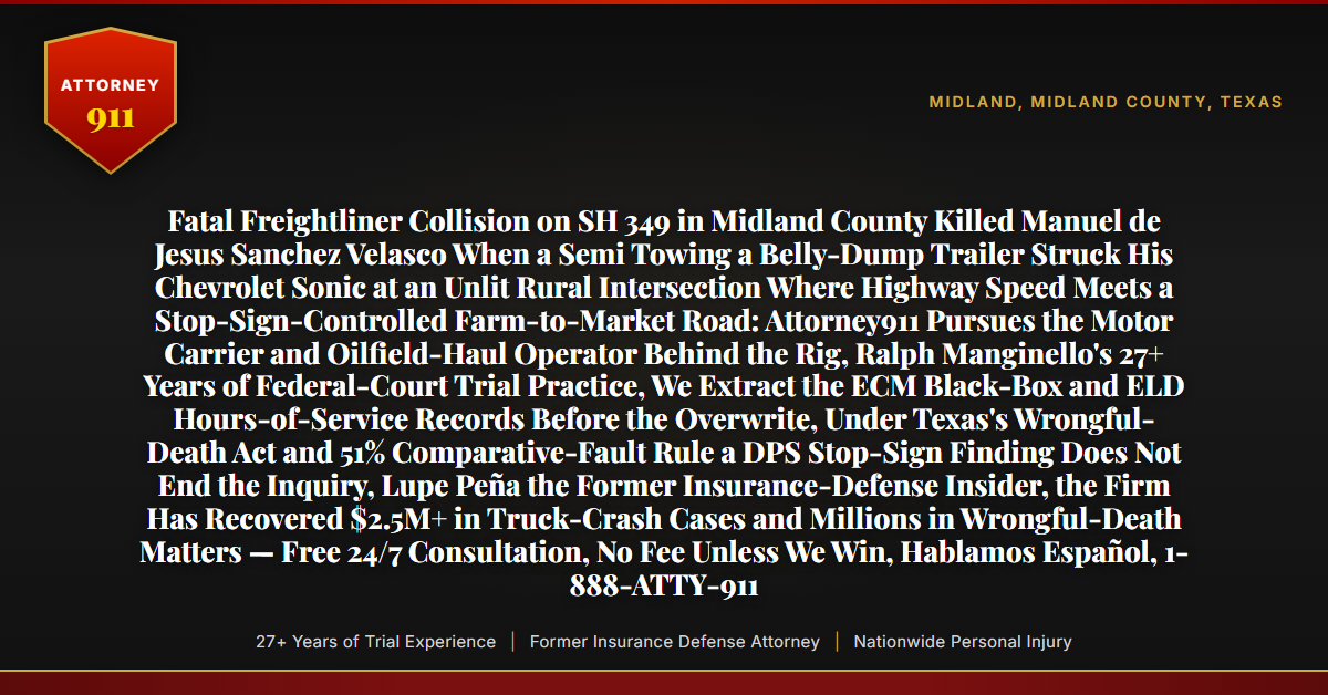 Fatal Freightliner Collision on SH 349 in Midland County Killed Manuel de Jesus Sanchez Velasco When a Semi Towing a Belly-Dump Trailer Struck His Chevrolet Sonic at an Unlit Rural Intersection Where Highway Speed Meets a Stop-Sign-Controlled Farm-to-Market Road: Attorney911 Pursues the Motor Carrier and Oilfield-Haul Operator Behind the Rig, Ralph Manginello's 27+ Years of Federal-Court Trial Practice, We Extract the ECM Black-Box and ELD Hours-of-Service Records Before the Overwrite, Under Texas's Wrongful-Death Act and 51% Comparative-Fault Rule a DPS Stop-Sign Finding Does Not End the Inquiry, Lupe Peña the Former Insurance-Defense Insider, the Firm Has Recovered $2.5M+ in Truck-Crash Cases and Millions in Wrongful-Death Matters — Free 24/7 Consultation, No Fee Unless We Win, Hablamos Español, 1-888-ATTY-911 - Attorney911