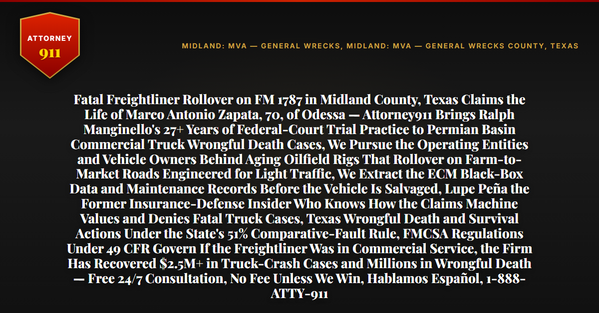 Fatal Freightliner Rollover on FM 1787 in Midland County, Texas Claims the Life of Marco Antonio Zapata, 70, of Odessa — Attorney911 Brings Ralph Manginello's 27+ Years of Federal-Court Trial Practice to Permian Basin Commercial Truck Wrongful Death Cases, We Pursue the Operating Entities and Vehicle Owners Behind Aging Oilfield Rigs That Rollover on Farm-to-Market Roads Engineered for Light Traffic, We Extract the ECM Black-Box Data and Maintenance Records Before the Vehicle Is Salvaged, Lupe Peña the Former Insurance-Defense Insider Who Knows How the Claims Machine Values and Denies Fatal Truck Cases, Texas Wrongful Death and Survival Actions Under the State's 51% Comparative-Fault Rule, FMCSA Regulations Under 49 CFR Govern If the Freightliner Was in Commercial Service, the Firm Has Recovered $2.5M+ in Truck-Crash Cases and Millions in Wrongful Death — Free 24/7 Consultation, No Fee Unless We Win, Hablamos Español, 1-888-ATTY-911 - Attorney911