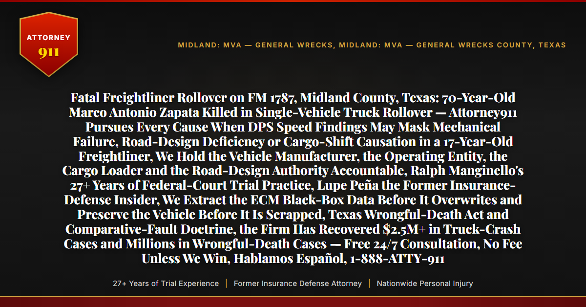 Fatal Freightliner Rollover on FM 1787, Midland County, Texas: 70-Year-Old Marco Antonio Zapata Killed in Single-Vehicle Truck Rollover — Attorney911 Pursues Every Cause When DPS Speed Findings May Mask Mechanical Failure, Road-Design Deficiency or Cargo-Shift Causation in a 17-Year-Old Freightliner, We Hold the Vehicle Manufacturer, the Operating Entity, the Cargo Loader and the Road-Design Authority Accountable, Ralph Manginello's 27+ Years of Federal-Court Trial Practice, Lupe Peña the Former Insurance-Defense Insider, We Extract the ECM Black-Box Data Before It Overwrites and Preserve the Vehicle Before It Is Scrapped, Texas Wrongful-Death Act and Comparative-Fault Doctrine, the Firm Has Recovered $2.5M+ in Truck-Crash Cases and Millions in Wrongful-Death Cases — Free 24/7 Consultation, No Fee Unless We Win, Hablamos Español, 1-888-ATTY-911 - Attorney911