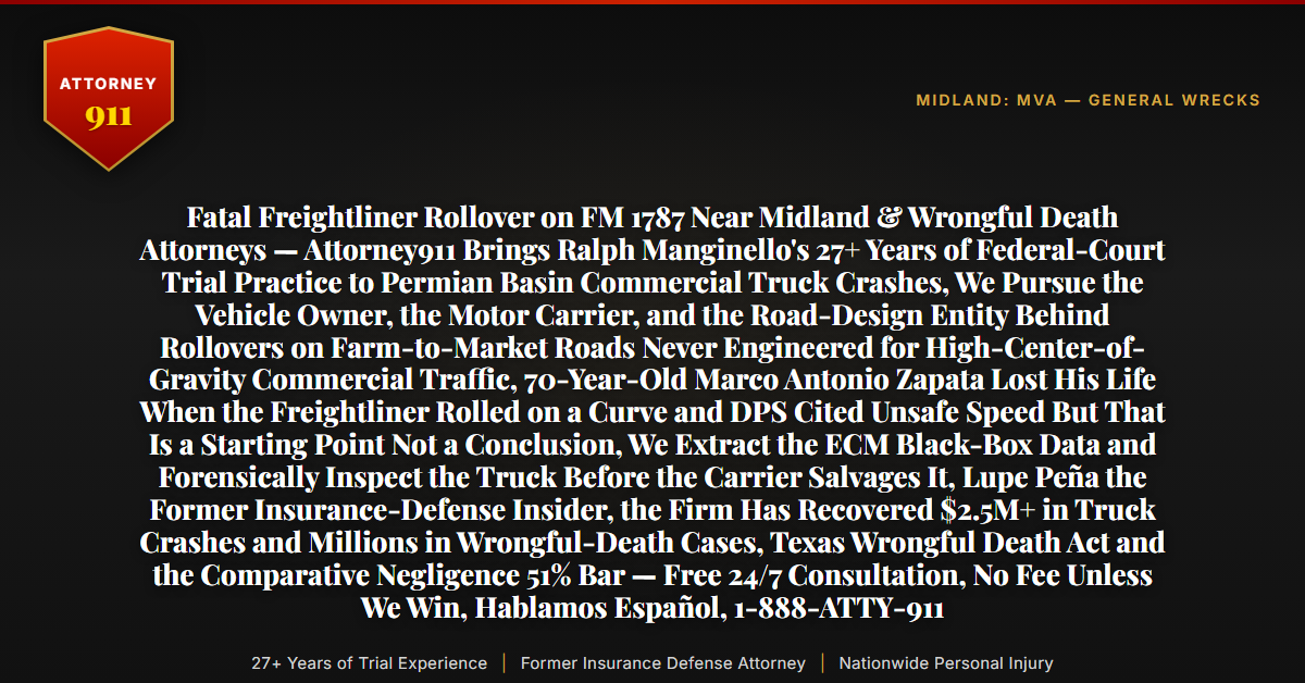 Fatal Freightliner Rollover on FM 1787 Near Midland & Wrongful Death Attorneys — Attorney911 Brings Ralph Manginello's 27+ Years of Federal-Court Trial Practice to Permian Basin Commercial Truck Crashes, We Pursue the Vehicle Owner, the Motor Carrier, and the Road-Design Entity Behind Rollovers on Farm-to-Market Roads Never Engineered for High-Center-of-Gravity Commercial Traffic, 70-Year-Old Marco Antonio Zapata Lost His Life When the Freightliner Rolled on a Curve and DPS Cited Unsafe Speed But That Is a Starting Point Not a Conclusion, We Extract the ECM Black-Box Data and Forensically Inspect the Truck Before the Carrier Salvages It, Lupe Peña the Former Insurance-Defense Insider, the Firm Has Recovered $2.5M+ in Truck Crashes and Millions in Wrongful-Death Cases, Texas Wrongful Death Act and the Comparative Negligence 51% Bar — Free 24/7 Consultation, No Fee Unless We Win, Hablamos Español, 1-888-ATTY-911 - Attorney911