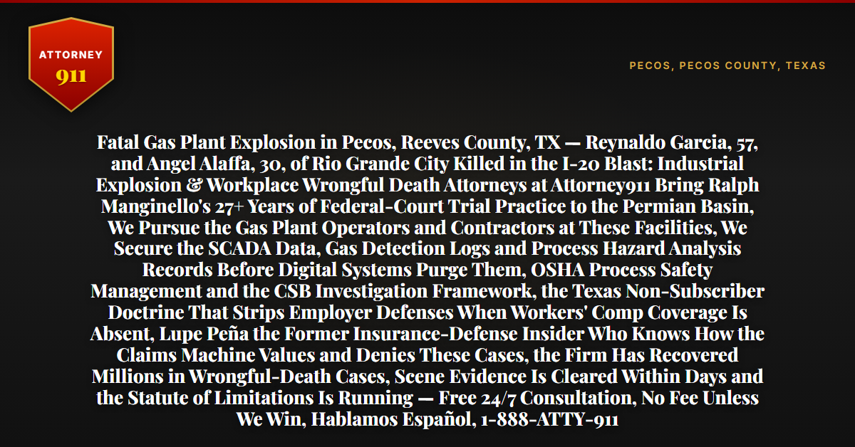 Fatal Gas Plant Explosion in Pecos, Reeves County, TX — Reynaldo Garcia, 57, and Angel Alaffa, 30, of Rio Grande City Killed in the I-20 Blast: Industrial Explosion & Workplace Wrongful Death Attorneys at Attorney911 Bring Ralph Manginello's 27+ Years of Federal-Court Trial Practice to the Permian Basin, We Pursue the Gas Plant Operators and Contractors at These Facilities, We Secure the SCADA Data, Gas Detection Logs and Process Hazard Analysis Records Before Digital Systems Purge Them, OSHA Process Safety Management and the CSB Investigation Framework, the Texas Non-Subscriber Doctrine That Strips Employer Defenses When Workers' Comp Coverage Is Absent, Lupe Peña the Former Insurance-Defense Insider Who Knows How the Claims Machine Values and Denies These Cases, the Firm Has Recovered Millions in Wrongful-Death Cases, Scene Evidence Is Cleared Within Days and the Statute of Limitations Is Running — Free 24/7 Consultation, No Fee Unless We Win, Hablamos Español, 1-888-ATTY-911 - Attorney911