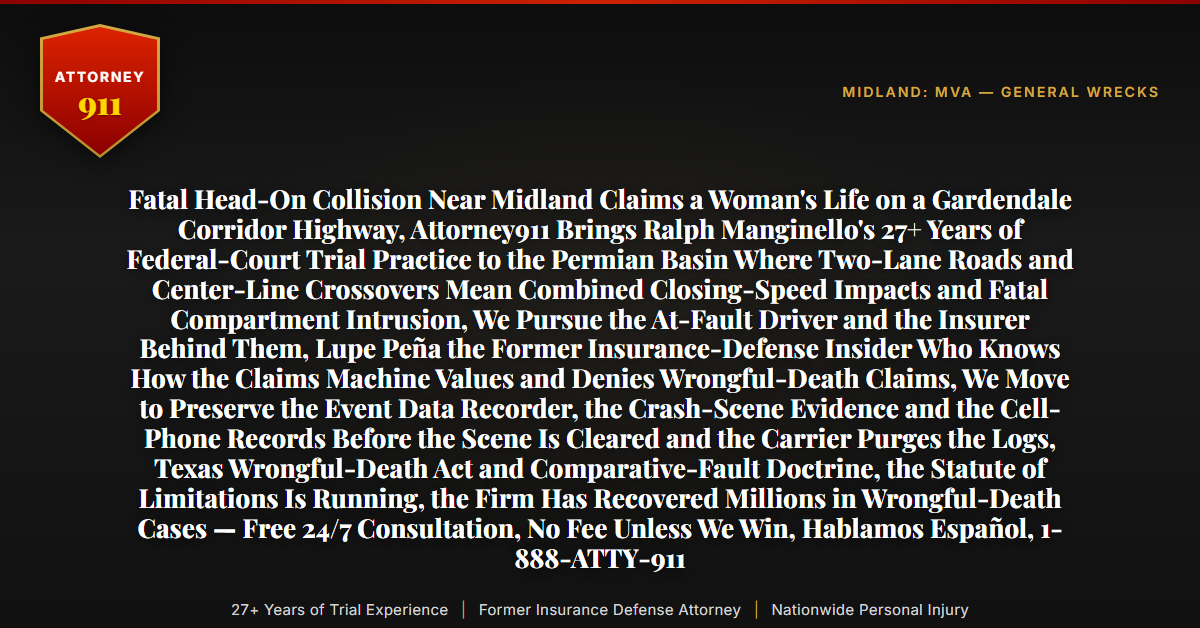 Fatal Head-On Collision Near Midland Claims a Woman's Life on a Gardendale Corridor Highway, Attorney911 Brings Ralph Manginello's 27+ Years of Federal-Court Trial Practice to the Permian Basin Where Two-Lane Roads and Center-Line Crossovers Mean Combined Closing-Speed Impacts and Fatal Compartment Intrusion, We Pursue the At-Fault Driver and the Insurer Behind Them, Lupe Peña the Former Insurance-Defense Insider Who Knows How the Claims Machine Values and Denies Wrongful-Death Claims, We Move to Preserve the Event Data Recorder, the Crash-Scene Evidence and the Cell-Phone Records Before the Scene Is Cleared and the Carrier Purges the Logs, Texas Wrongful-Death Act and Comparative-Fault Doctrine, the Statute of Limitations Is Running, the Firm Has Recovered Millions in Wrongful-Death Cases — Free 24/7 Consultation, No Fee Unless We Win, Hablamos Español, 1-888-ATTY-911 - Attorney911