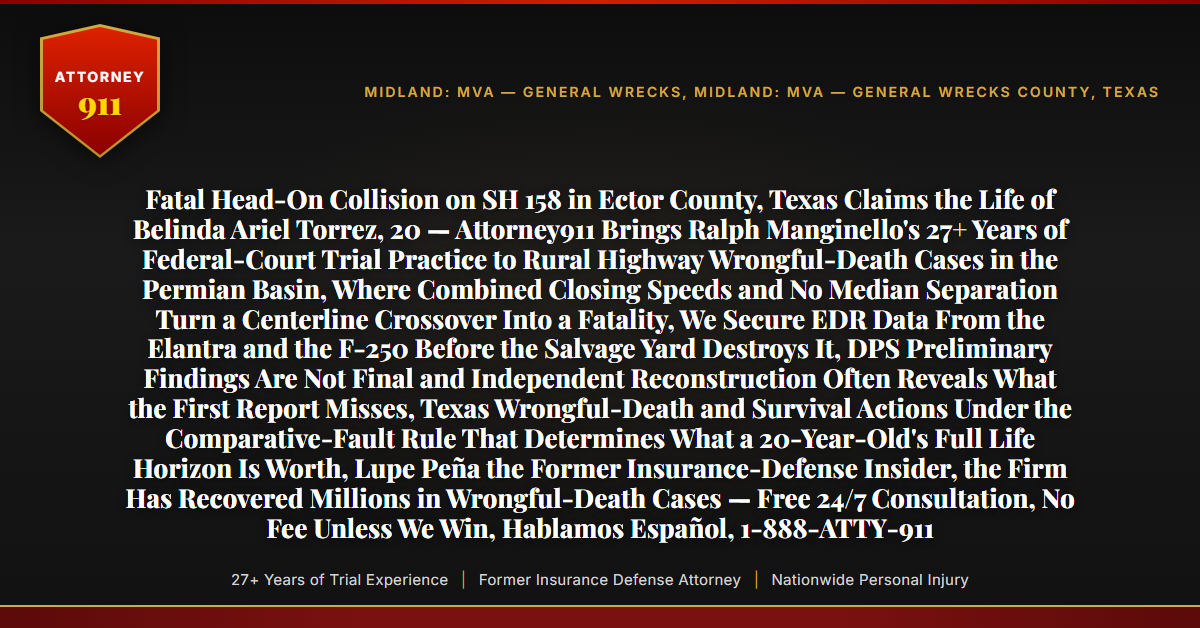 Fatal Head-On Collision on SH 158 in Ector County, Texas Claims the Life of Belinda Ariel Torrez, 20 — Attorney911 Brings Ralph Manginello's 27+ Years of Federal-Court Trial Practice to Rural Highway Wrongful-Death Cases in the Permian Basin, Where Combined Closing Speeds and No Median Separation Turn a Centerline Crossover Into a Fatality, We Secure EDR Data From the Elantra and the F-250 Before the Salvage Yard Destroys It, DPS Preliminary Findings Are Not Final and Independent Reconstruction Often Reveals What the First Report Misses, Texas Wrongful-Death and Survival Actions Under the Comparative-Fault Rule That Determines What a 20-Year-Old's Full Life Horizon Is Worth, Lupe Peña the Former Insurance-Defense Insider, the Firm Has Recovered Millions in Wrongful-Death Cases — Free 24/7 Consultation, No Fee Unless We Win, Hablamos Español, 1-888-ATTY-911 - Attorney911